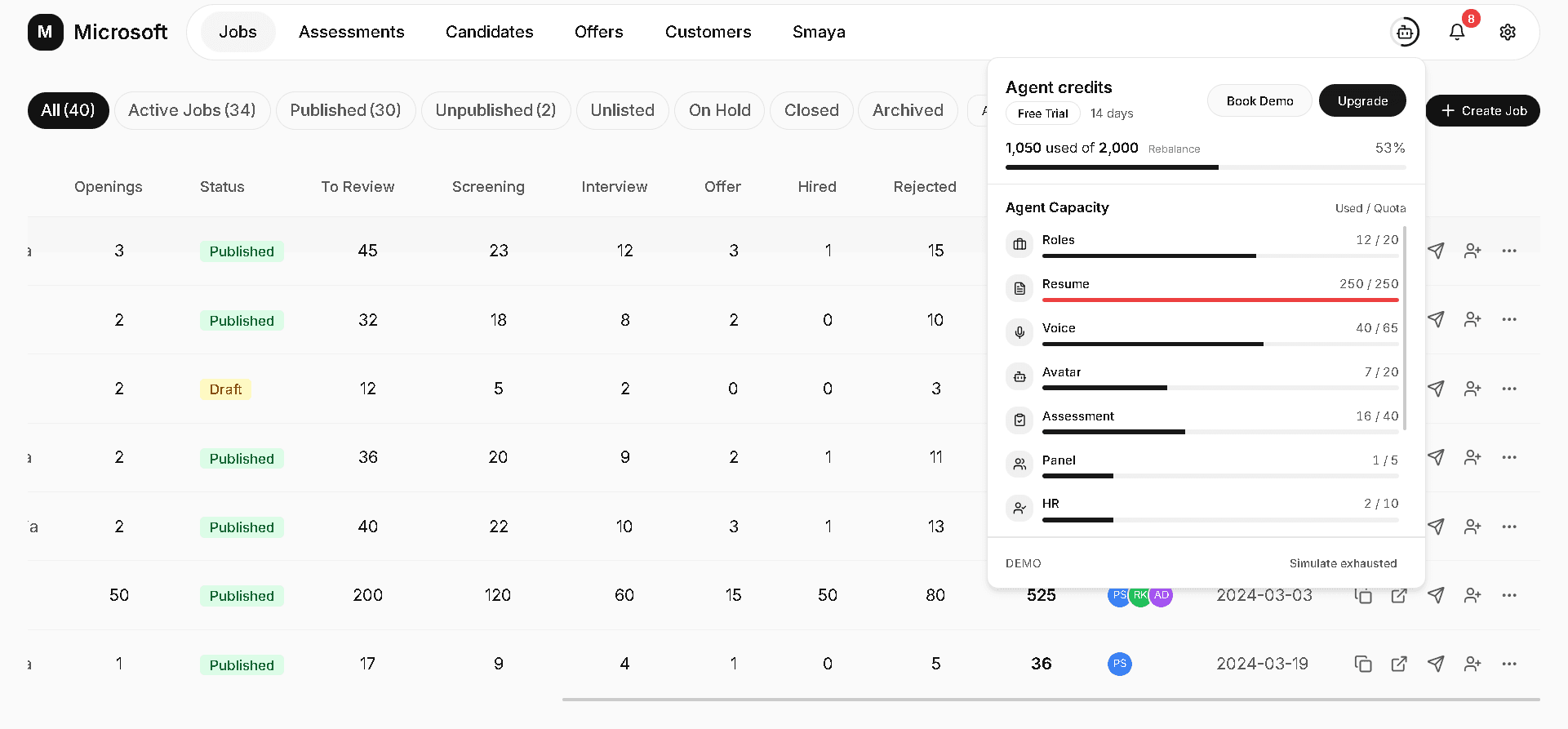 Exterview agent credit and capacity controls