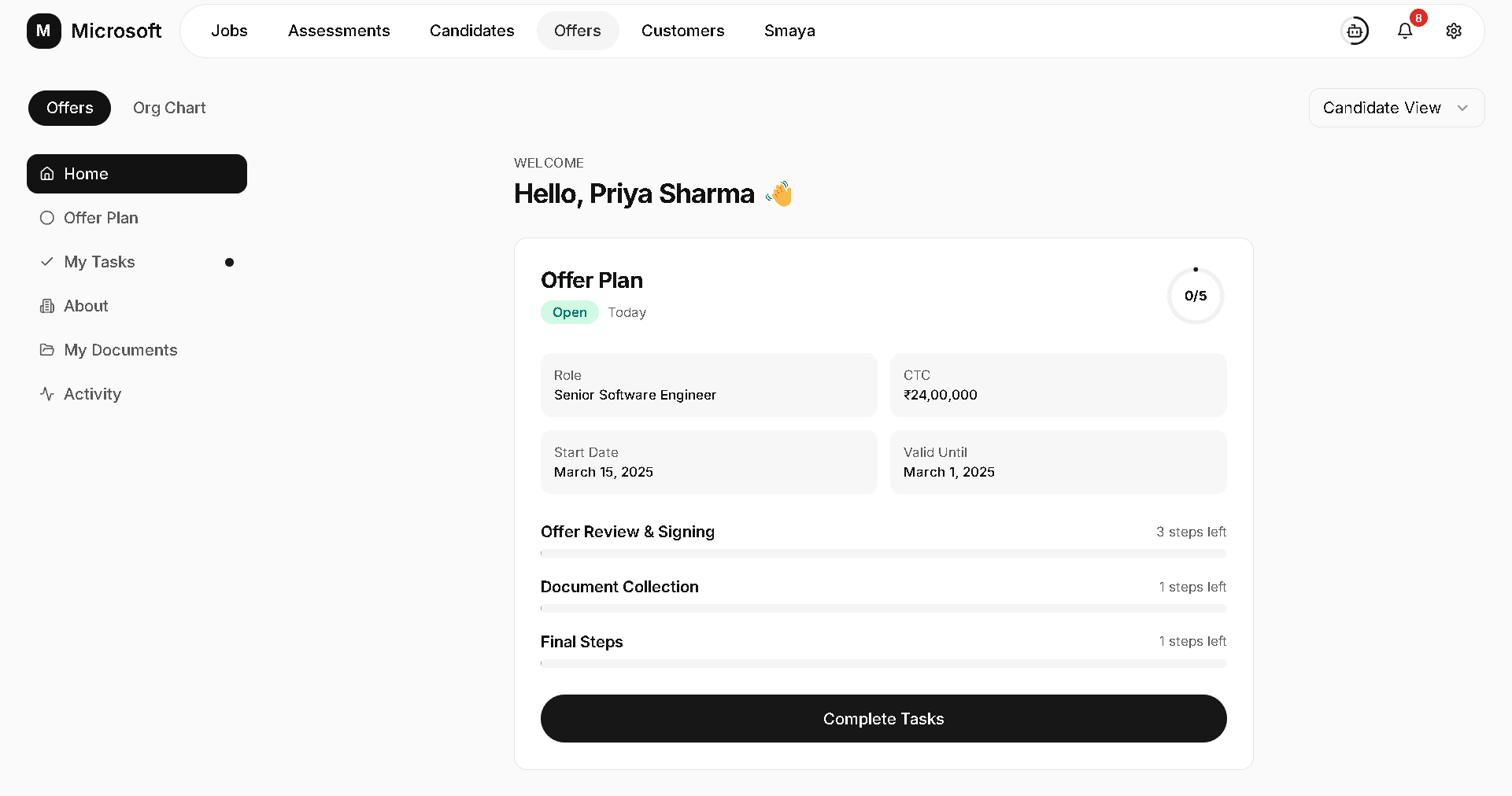 Candidate offer plan and onboarding task view