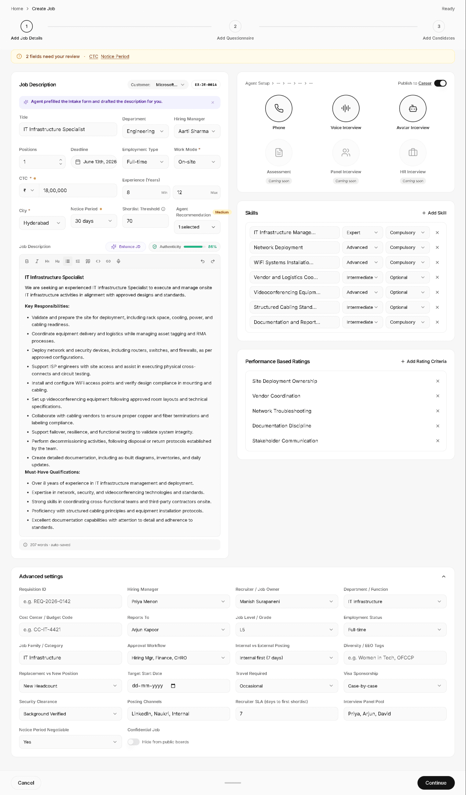 Expanded enterprise configuration for an Exterview job