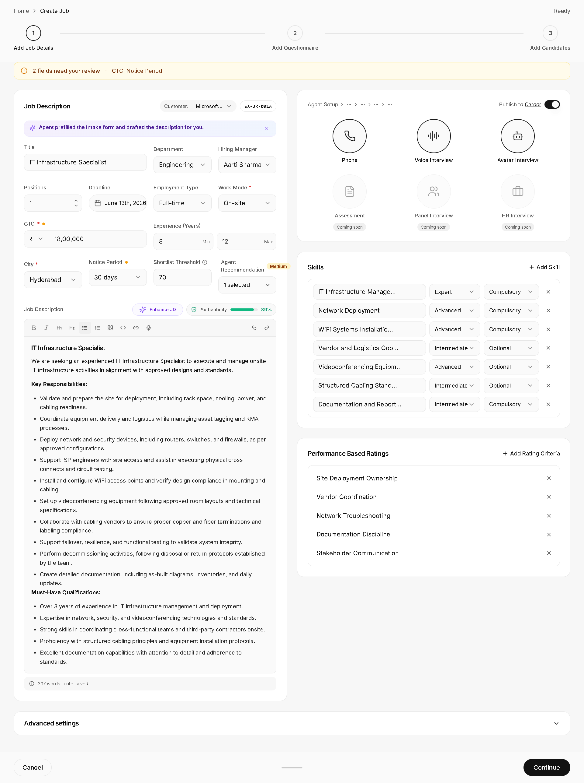 Exterview role setup with interview stages, skills, criteria, and job description