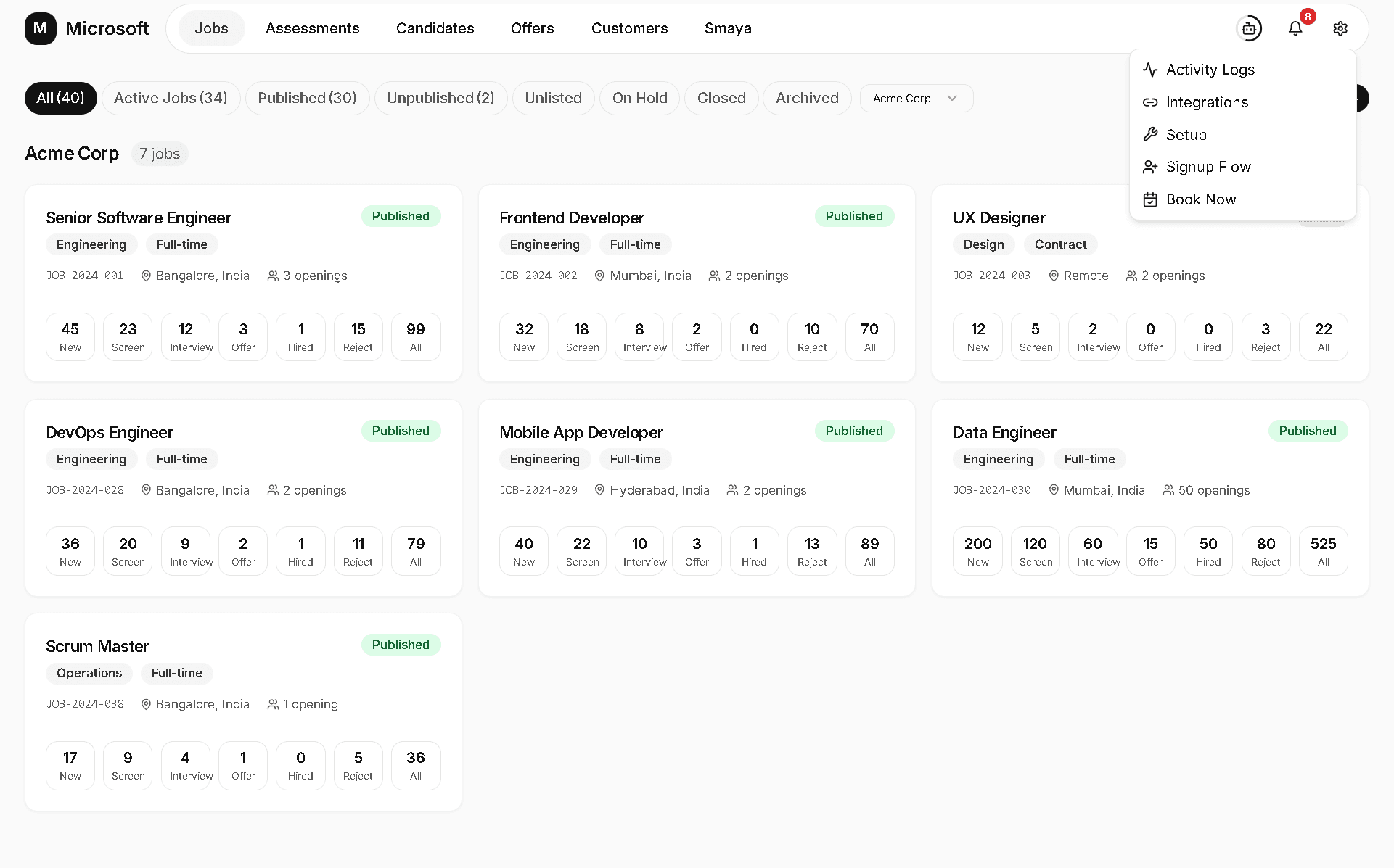 Exterview access to activity logs, integrations, setup, and signup configuration