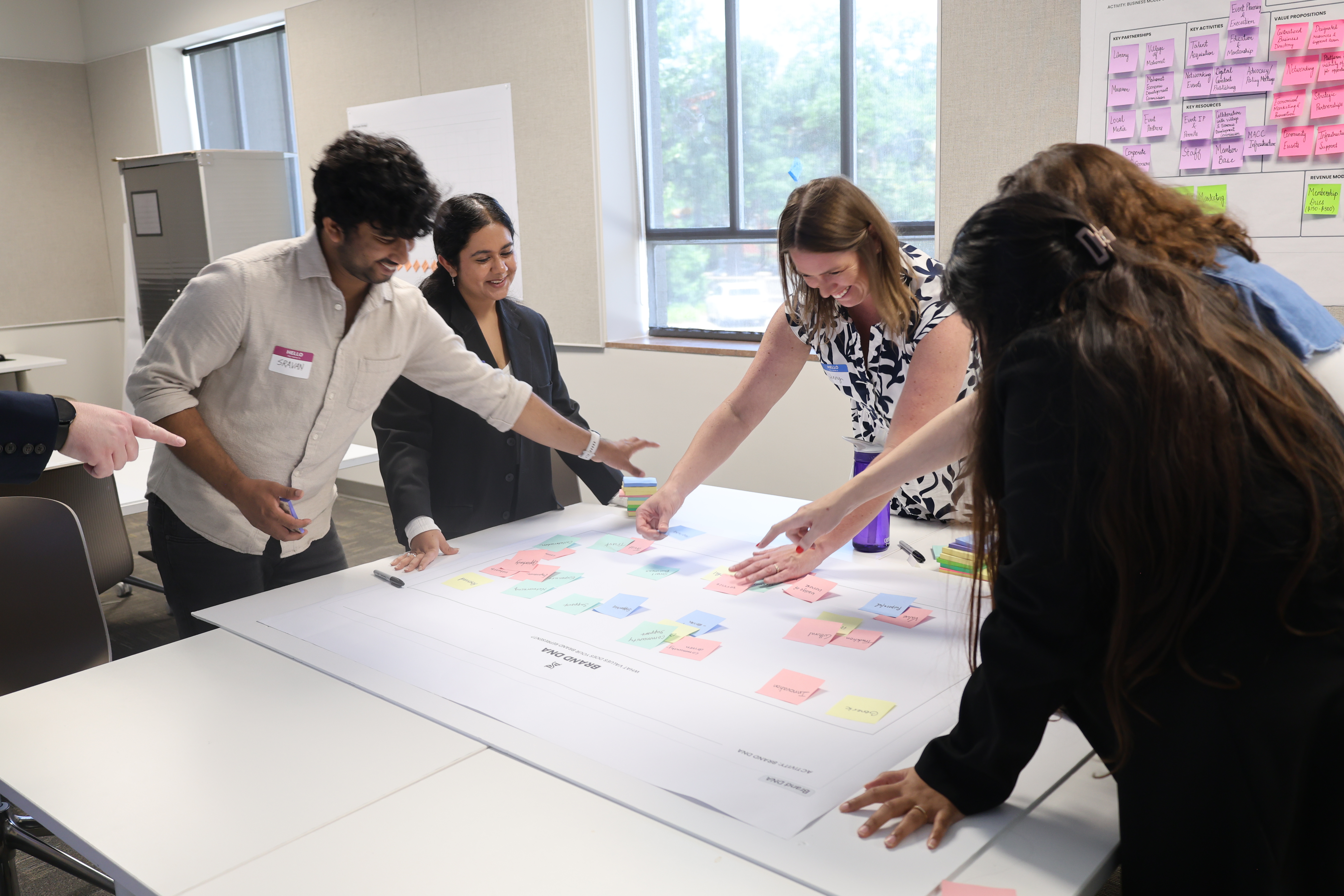 Sravan collaborating with a team around a table covered with sticky notes